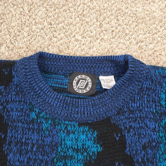 Vtg Retro 80s 90s Permit Knit cardigan Mens Large Abstract Wavy Art Coogi Style - Picture 3 of 6